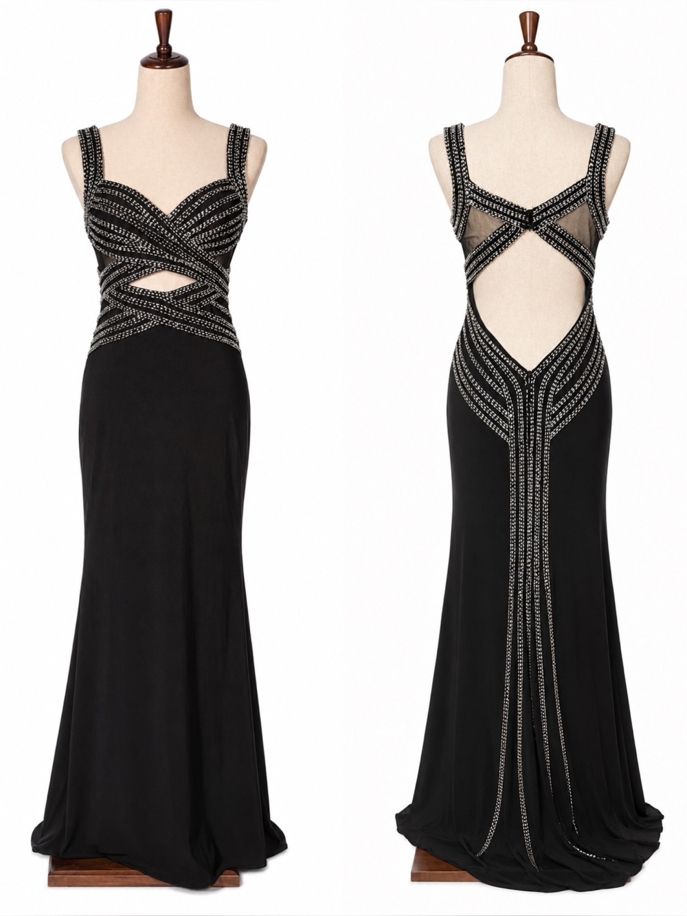 Faviana beaded sexy open back gown. Cascading "train" fits like 6
